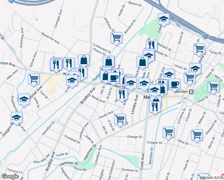 map of restaurants, bars, coffee shops, grocery stores, and more near 288 West Main Street in Meriden