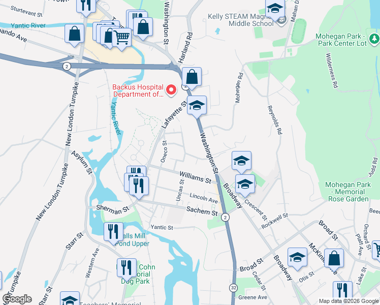 map of restaurants, bars, coffee shops, grocery stores, and more near 39 Fanning Avenue in Norwich