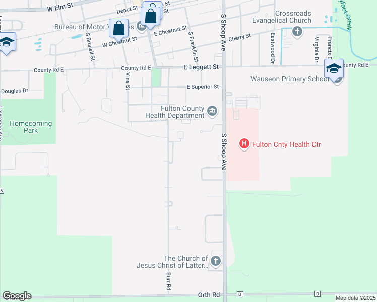 map of restaurants, bars, coffee shops, grocery stores, and more near 717 Burr Road in Wauseon