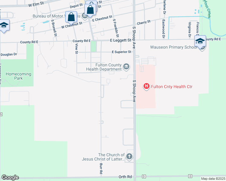 map of restaurants, bars, coffee shops, grocery stores, and more near 717 Burr Road in Wauseon