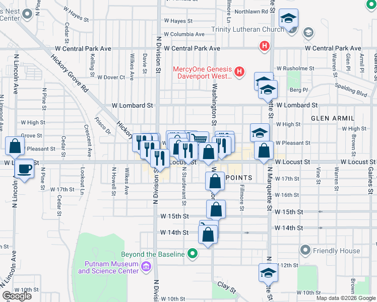 map of restaurants, bars, coffee shops, grocery stores, and more near 1919 North Sturdevant Street in Davenport