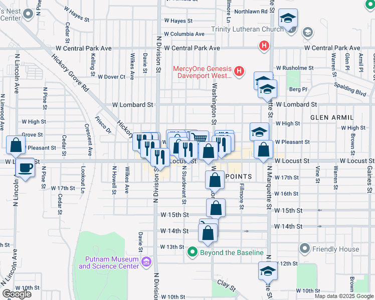 map of restaurants, bars, coffee shops, grocery stores, and more near 1921 North Sturdevant Street in Davenport