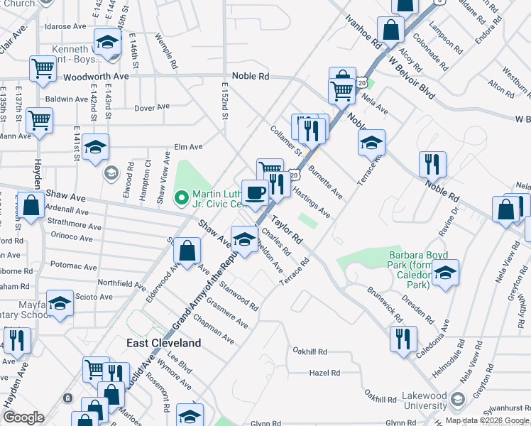 map of restaurants, bars, coffee shops, grocery stores, and more near Euclid Ave & Taylor Rd in East Cleveland