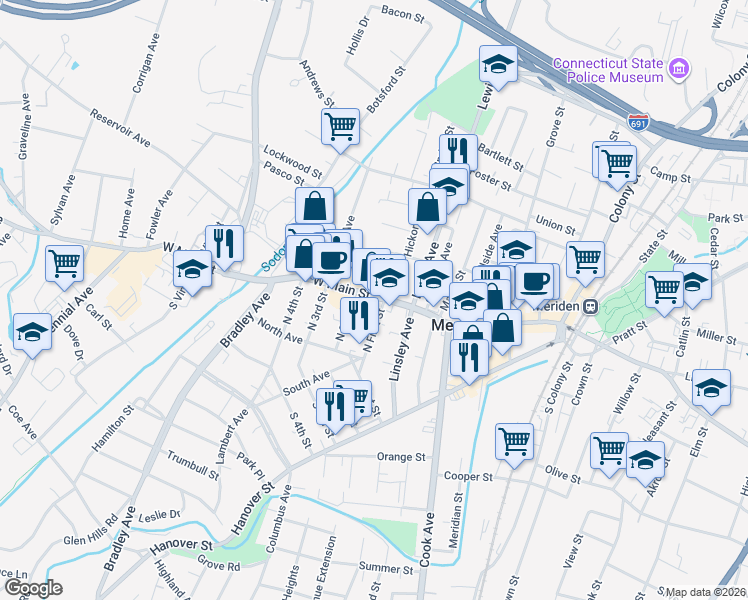 map of restaurants, bars, coffee shops, grocery stores, and more near 18 Morgan Street in Meriden