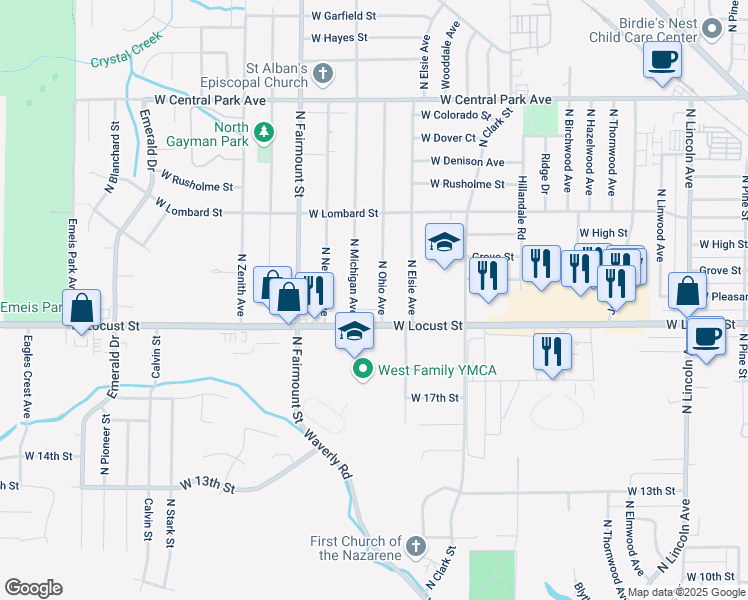 map of restaurants, bars, coffee shops, grocery stores, and more near 2003 North Michigan Avenue in Davenport