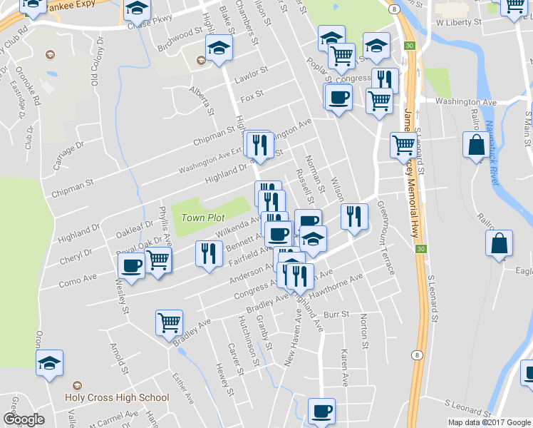map of restaurants, bars, coffee shops, grocery stores, and more near 26 Wilkenda Avenue in Waterbury