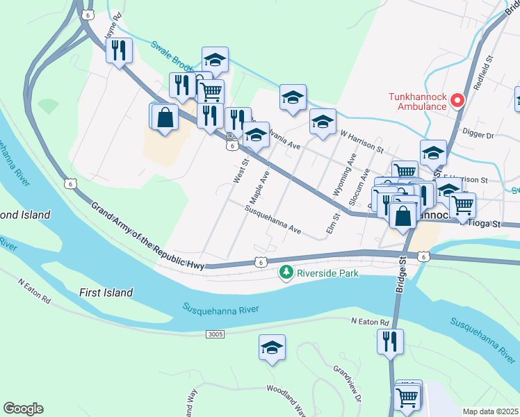 map of restaurants, bars, coffee shops, grocery stores, and more near 79 Maple Avenue in Tunkhannock
