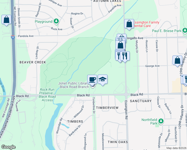 map of restaurants, bars, coffee shops, grocery stores, and more near Rock Run Trail in Joliet