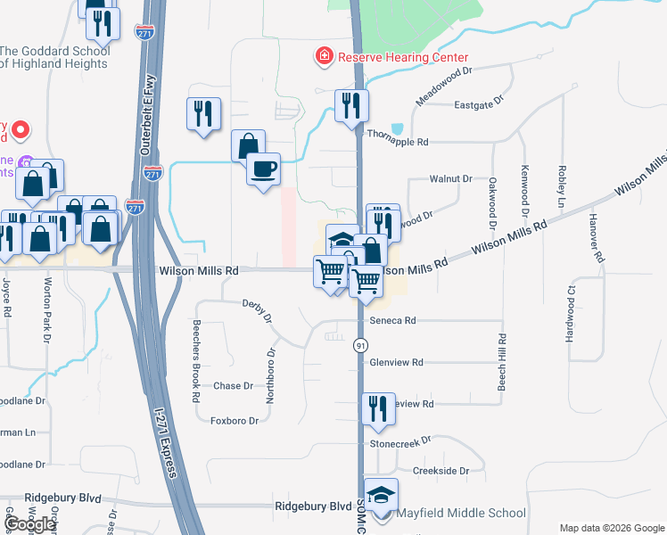 map of restaurants, bars, coffee shops, grocery stores, and more near 6635 Wilson Mills Road in Cleveland