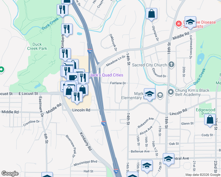map of restaurants, bars, coffee shops, grocery stores, and more near 1536 Parklane Drive in Bettendorf