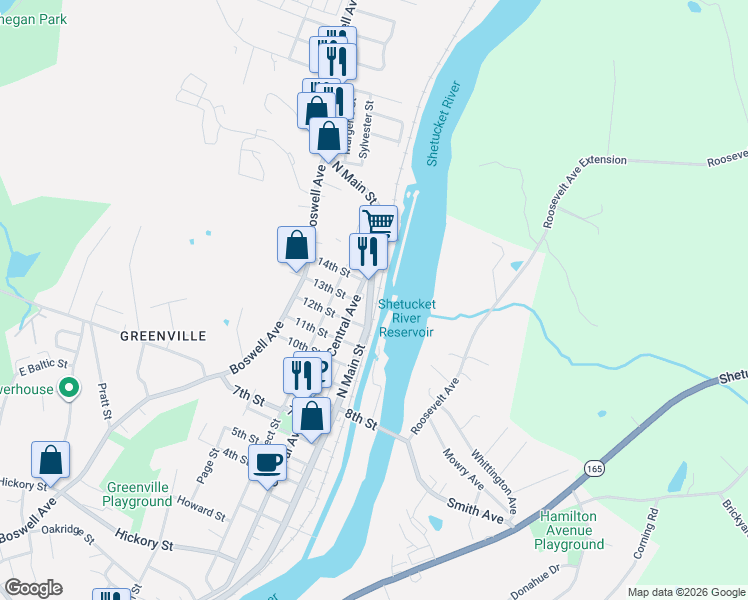 map of restaurants, bars, coffee shops, grocery stores, and more near 621 North Main Street in Norwich