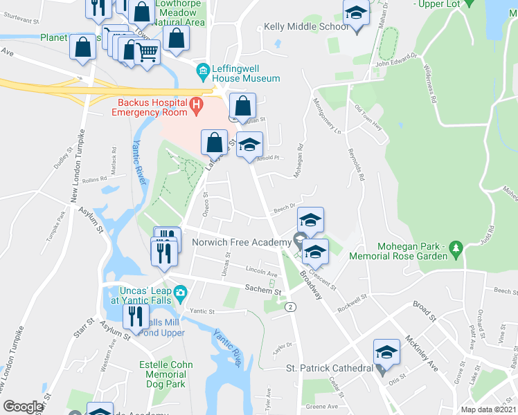map of restaurants, bars, coffee shops, grocery stores, and more near 268 Washington Street in Norwich