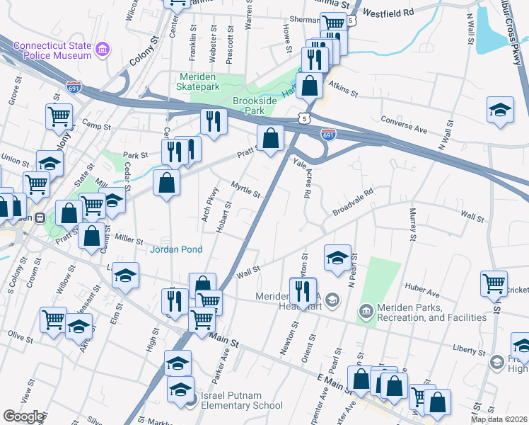 map of restaurants, bars, coffee shops, grocery stores, and more near 753 Broad Street in Meriden