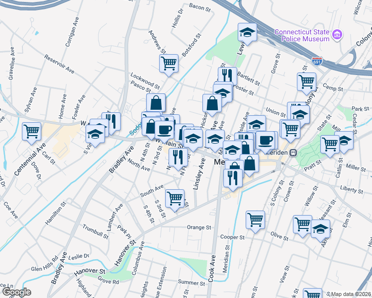 map of restaurants, bars, coffee shops, grocery stores, and more near 18 Morgan Street in Meriden