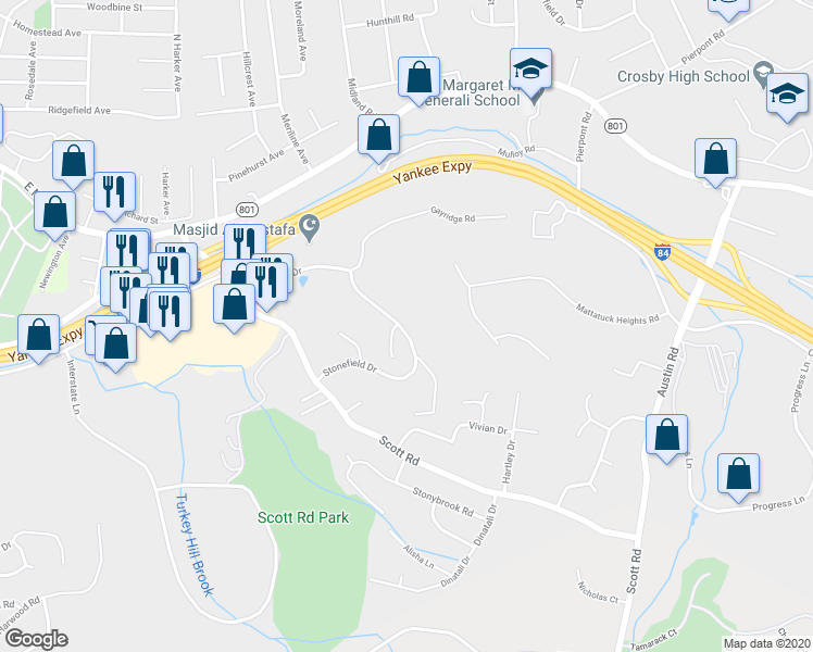 map of restaurants, bars, coffee shops, grocery stores, and more near 150 Stonefield Drive in Waterbury