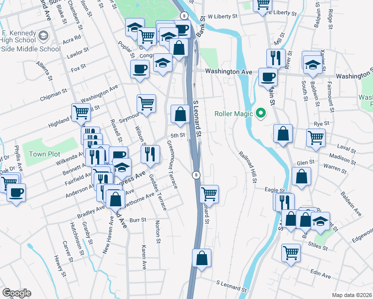 map of restaurants, bars, coffee shops, grocery stores, and more near 20 Gardner Street in Waterbury
