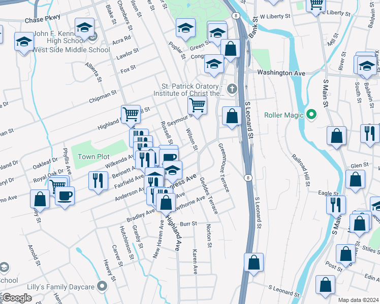 map of restaurants, bars, coffee shops, grocery stores, and more near 671 Wilson Street in Waterbury