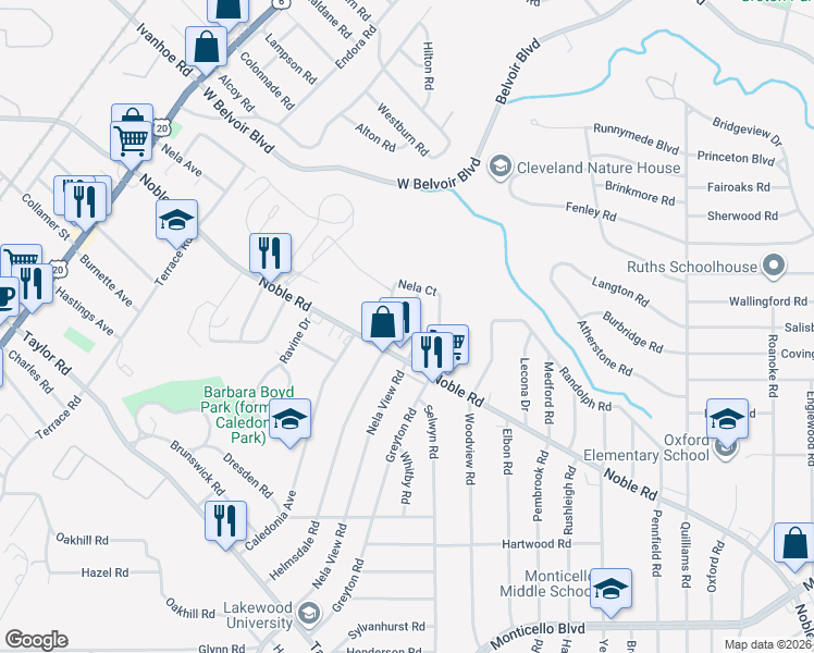 map of restaurants, bars, coffee shops, grocery stores, and more near 16218 Helmsdale Road in East Cleveland