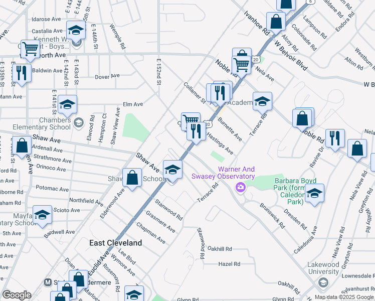 map of restaurants, bars, coffee shops, grocery stores, and more near 15515 Euclid Avenue in East Cleveland
