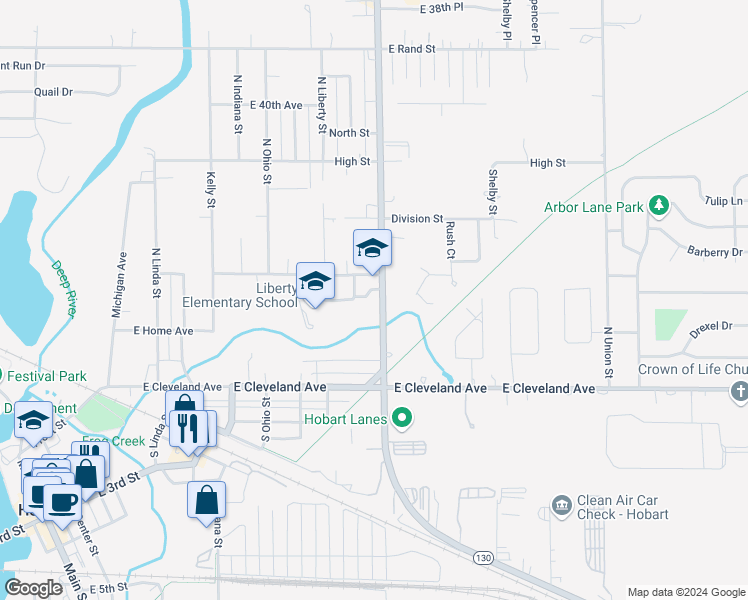 map of restaurants, bars, coffee shops, grocery stores, and more near 315 North Liberty Street in Hobart