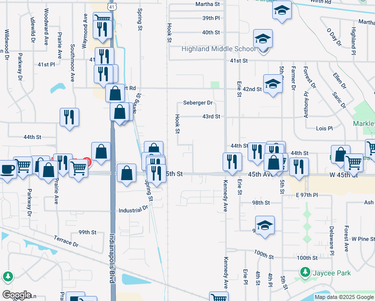 map of restaurants, bars, coffee shops, grocery stores, and more near 2629 44th St in Highland
