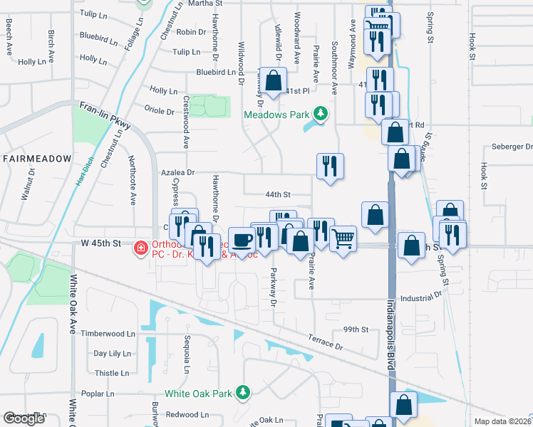 map of restaurants, bars, coffee shops, grocery stores, and more near 2050 44th Street in Highland
