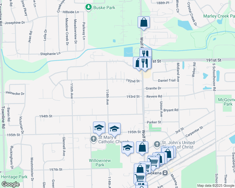 map of restaurants, bars, coffee shops, grocery stores, and more near 11306 193rd Street in Mokena