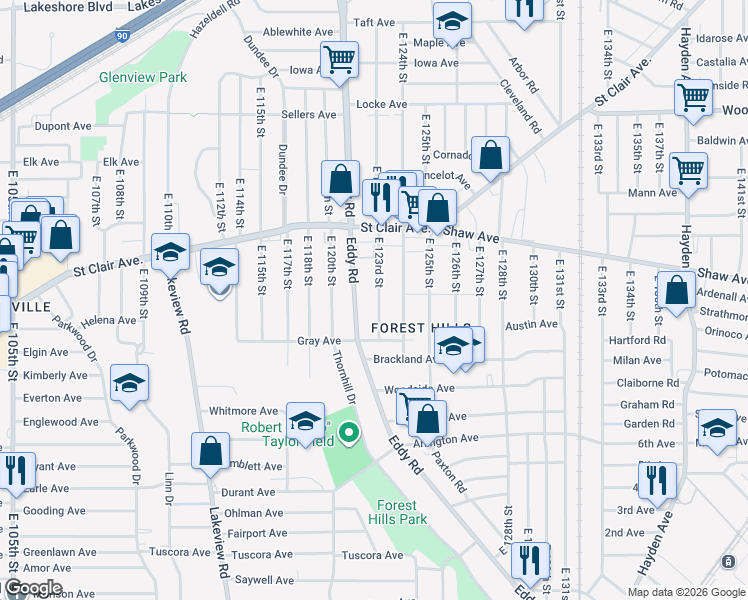 map of restaurants, bars, coffee shops, grocery stores, and more near 664 East 123rd Street in Cleveland