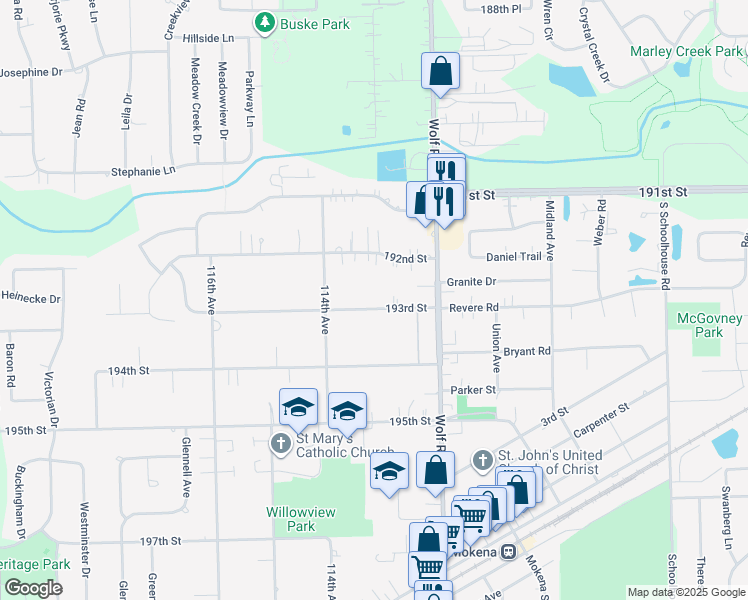 map of restaurants, bars, coffee shops, grocery stores, and more near 11306 193rd Street in Mokena