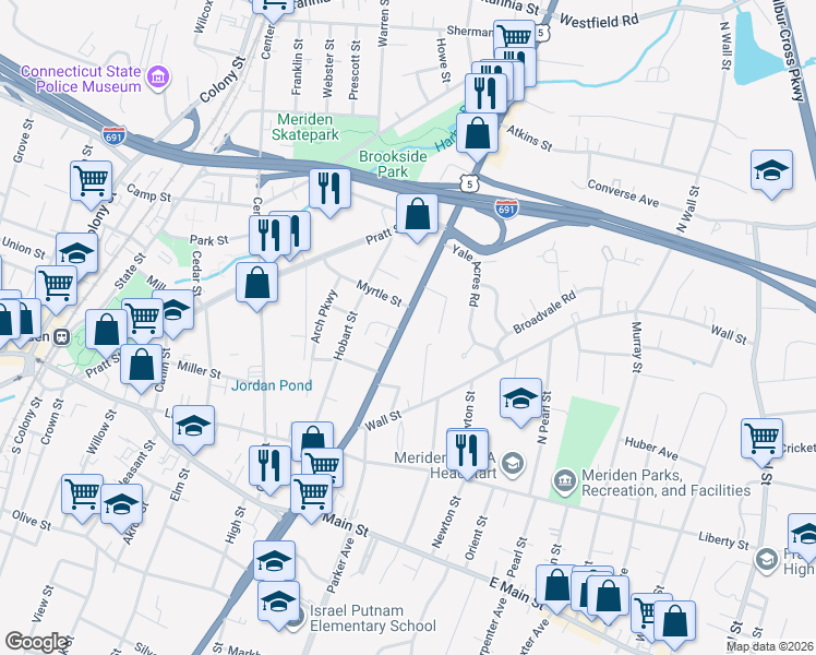 map of restaurants, bars, coffee shops, grocery stores, and more near 753 Broad Street in Meriden
