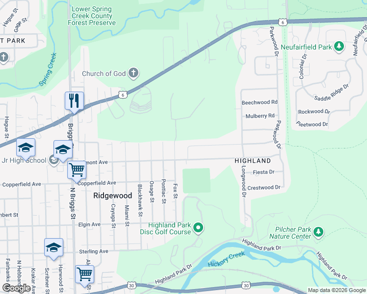 map of restaurants, bars, coffee shops, grocery stores, and more near 2011 Tamarack Drive in Joliet