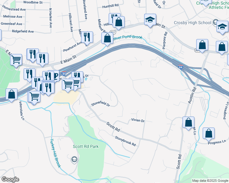 map of restaurants, bars, coffee shops, grocery stores, and more near 150 Stonefield Drive in Waterbury