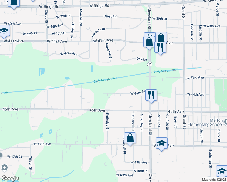 map of restaurants, bars, coffee shops, grocery stores, and more near 4340 Taft Street in Gary