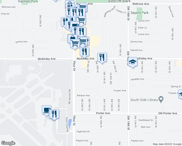 map of restaurants, bars, coffee shops, grocery stores, and more near 4911 Southwest 19th Street in Des Moines