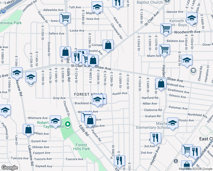 map of restaurants, bars, coffee shops, grocery stores, and more near 669 East 127th Street in Cleveland