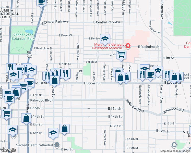 map of restaurants, bars, coffee shops, grocery stores, and more near 17 Oak Lane in Davenport