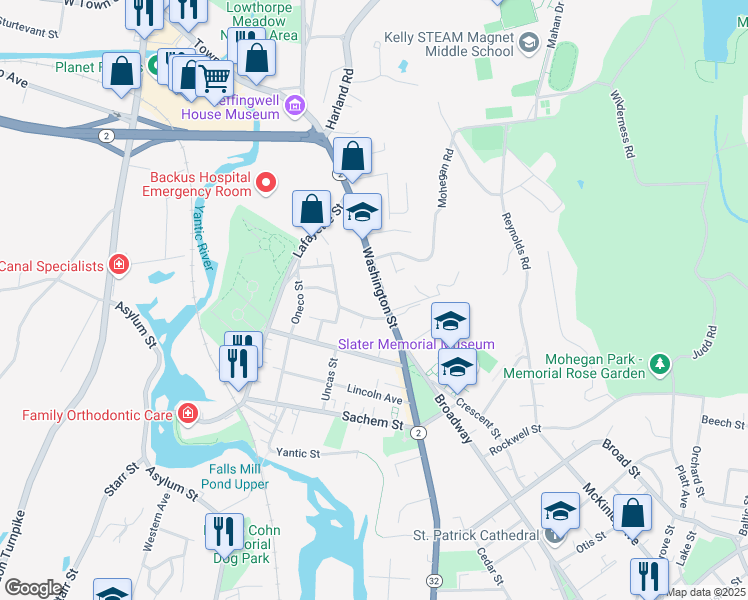 map of restaurants, bars, coffee shops, grocery stores, and more near 268 Washington Street in Norwich