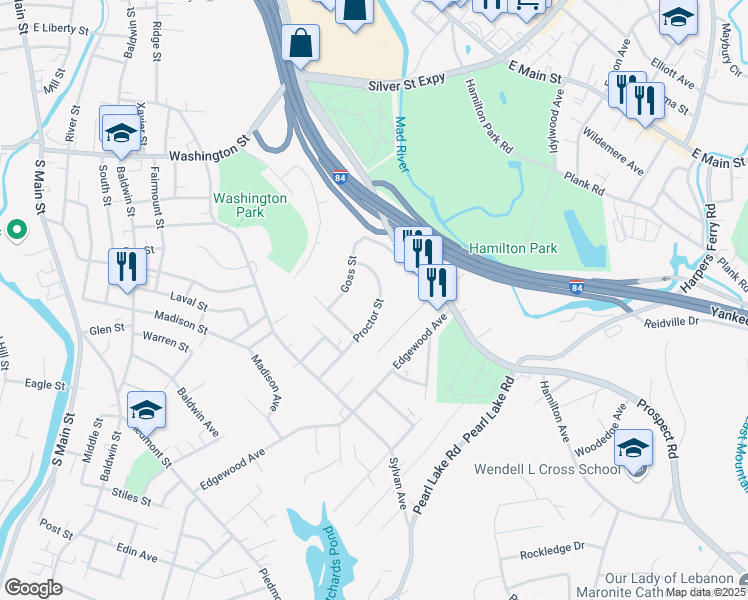 map of restaurants, bars, coffee shops, grocery stores, and more near 135 Proctor Street in Waterbury