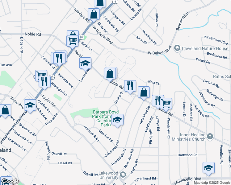 map of restaurants, bars, coffee shops, grocery stores, and more near 16025 Neladale Road in East Cleveland