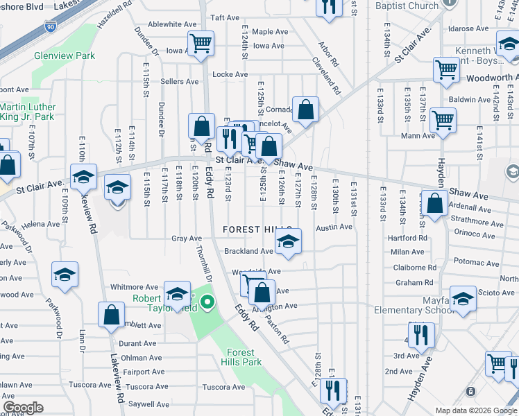 map of restaurants, bars, coffee shops, grocery stores, and more near 643 East 124th Street in Cleveland