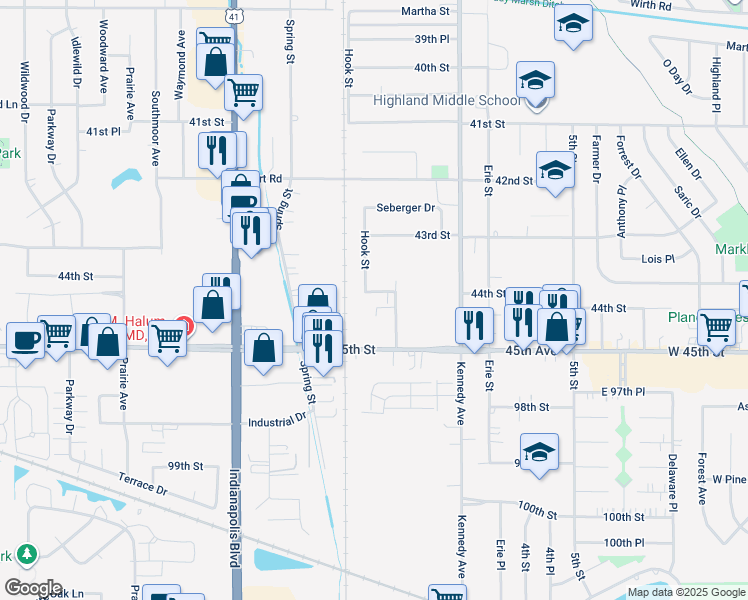 map of restaurants, bars, coffee shops, grocery stores, and more near 2629 44th St in Highland