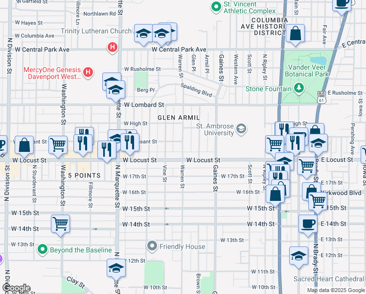 map of restaurants, bars, coffee shops, grocery stores, and more near 2011 Warren Street in Davenport