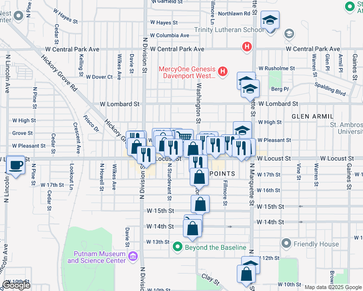 map of restaurants, bars, coffee shops, grocery stores, and more near 1526 West Pleasant Street in Davenport