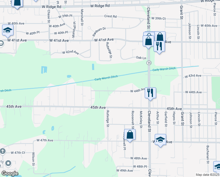 map of restaurants, bars, coffee shops, grocery stores, and more near 4381 Rutledge Street in Gary