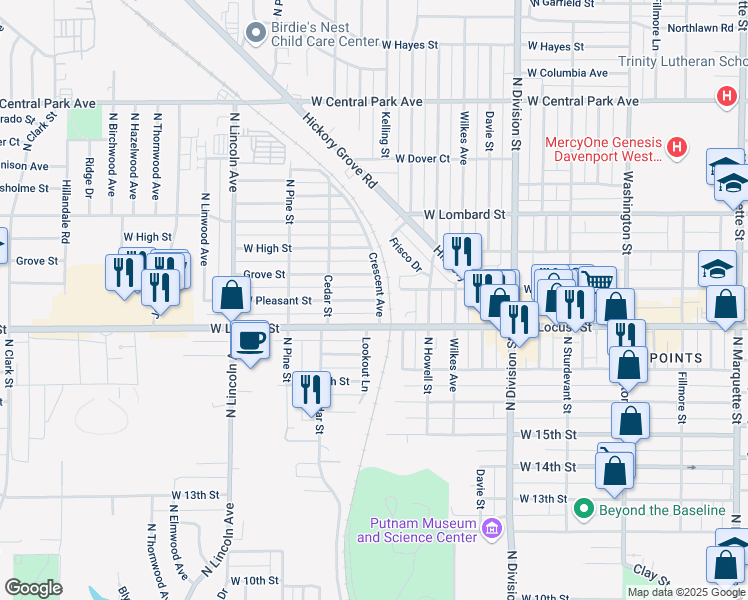 map of restaurants, bars, coffee shops, grocery stores, and more near 2106 West Pleasant Street in Davenport