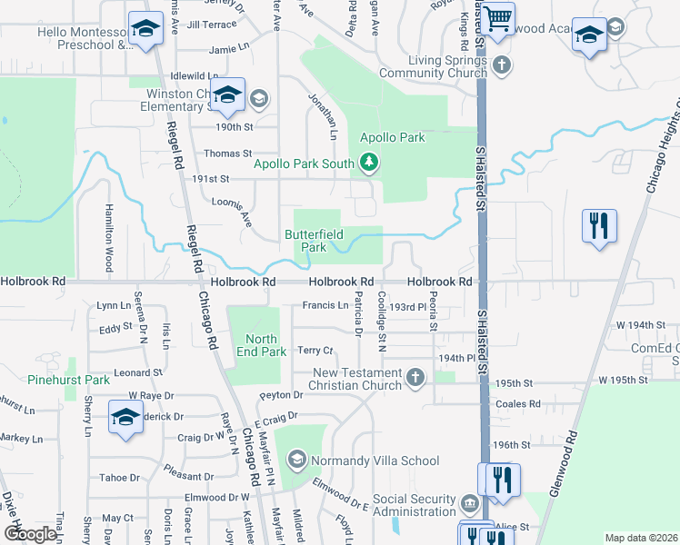 map of restaurants, bars, coffee shops, grocery stores, and more near 1050 Holbrook Road in Homewood