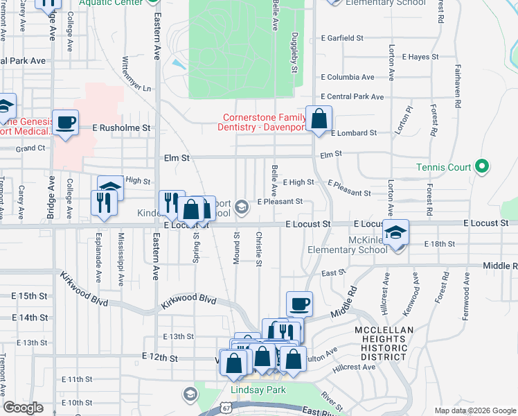 map of restaurants, bars, coffee shops, grocery stores, and more near 2266-2298 East Pleasant Street in Davenport
