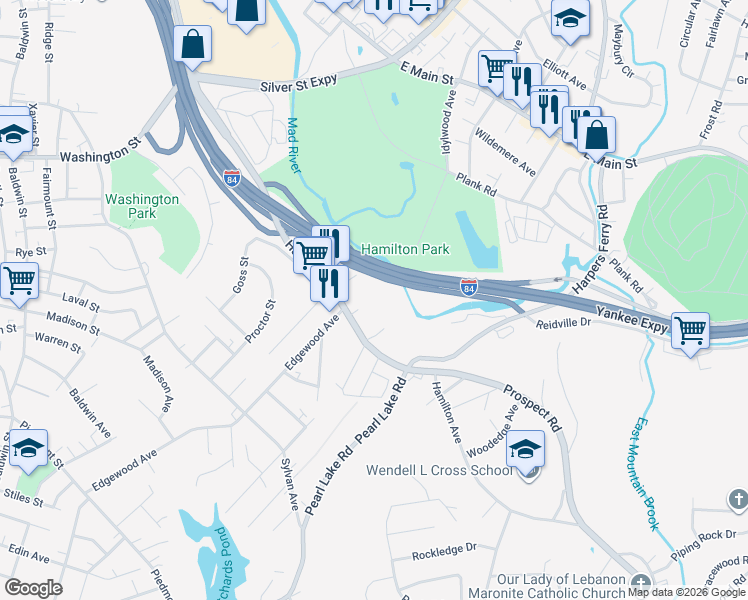 map of restaurants, bars, coffee shops, grocery stores, and more near 843 Hamilton Avenue in Waterbury