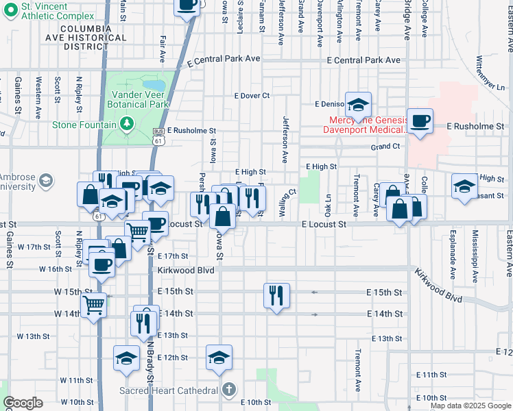 map of restaurants, bars, coffee shops, grocery stores, and more near 1928 Farnam Street in Davenport