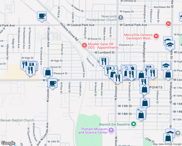 map of restaurants, bars, coffee shops, grocery stores, and more near 1930 West Pleasant Street in Davenport